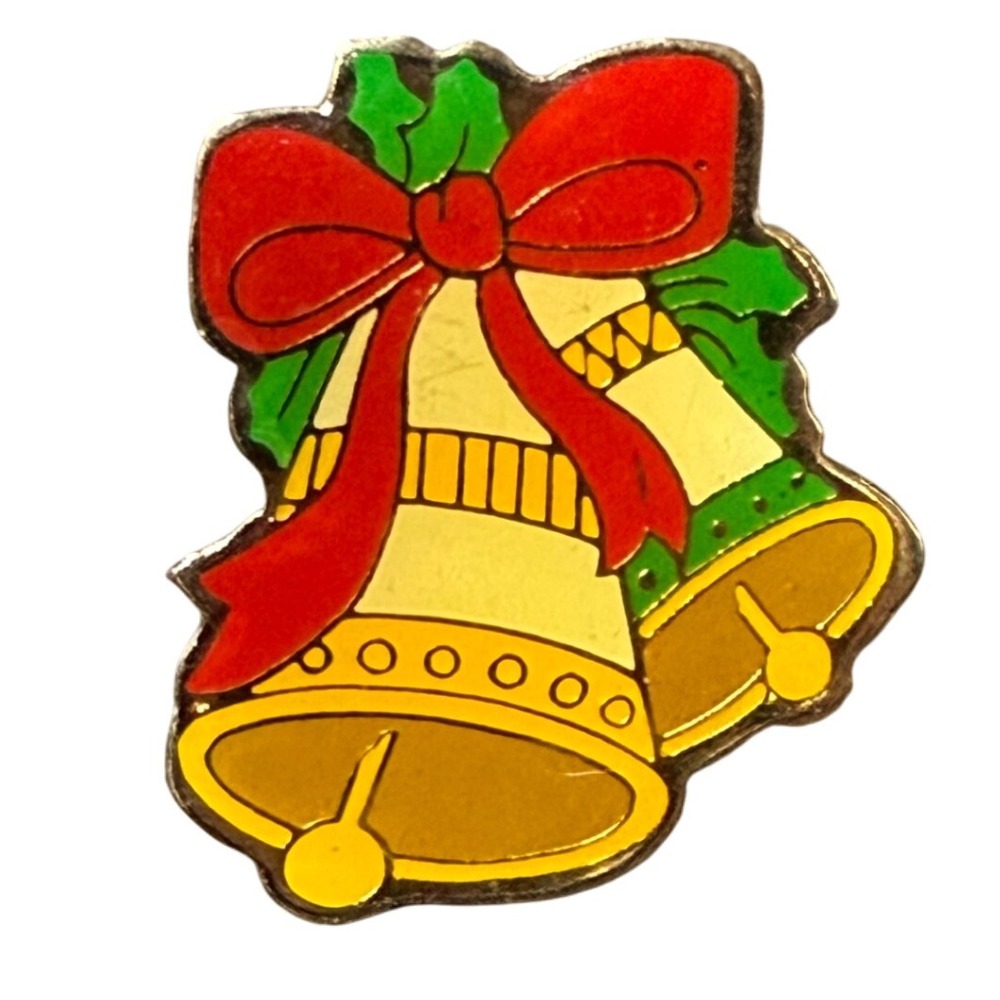 Christmas Bells Pin Red Bow Green Holly Lapel Pin Jewelry‎ Taiwan SWIB